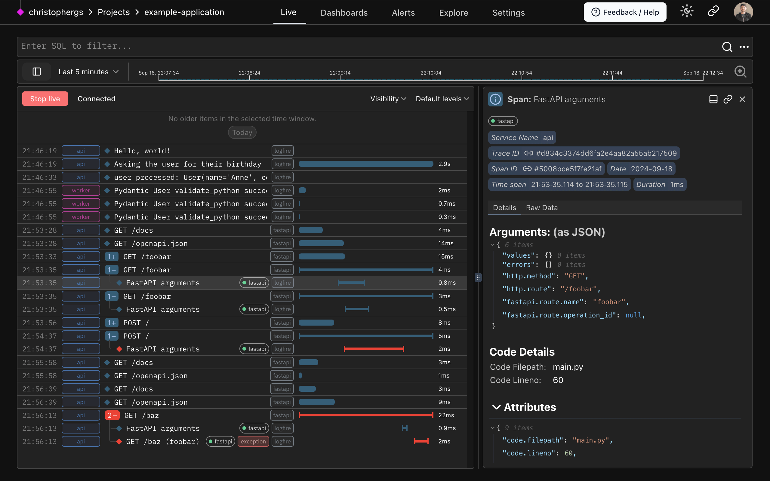 Logfire FastAPI 200 response screenshot